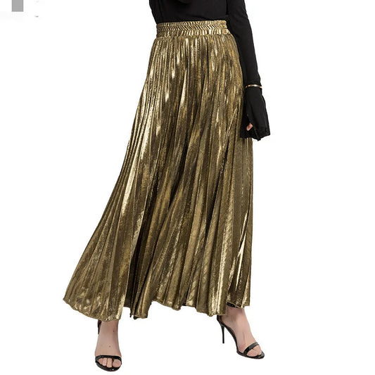 Check Skirt Pleated Maxi Skirt High Waist Harajuku Large Swing Gold Long Skirts