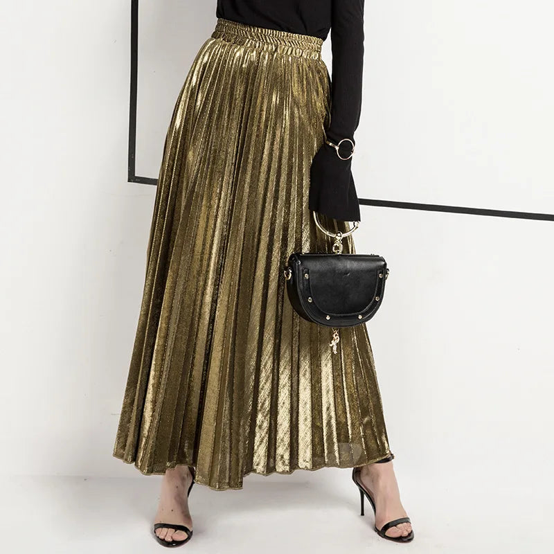 Check Skirt Pleated Maxi Skirt High Waist Harajuku Large Swing Gold Long Skirts