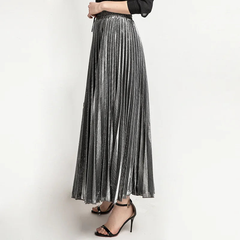 Check Skirt Pleated Maxi Skirt High Waist Harajuku Large Swing Gold Long Skirts