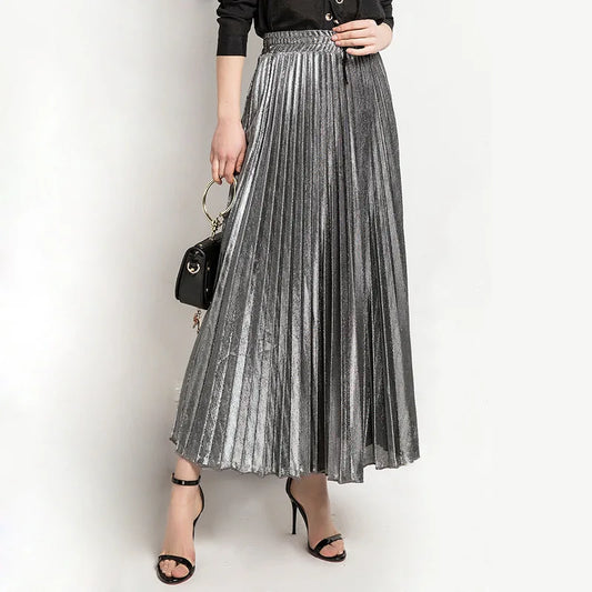 Check Skirt Pleated Maxi Skirt High Waist Harajuku Large Swing Gold Long Skirts