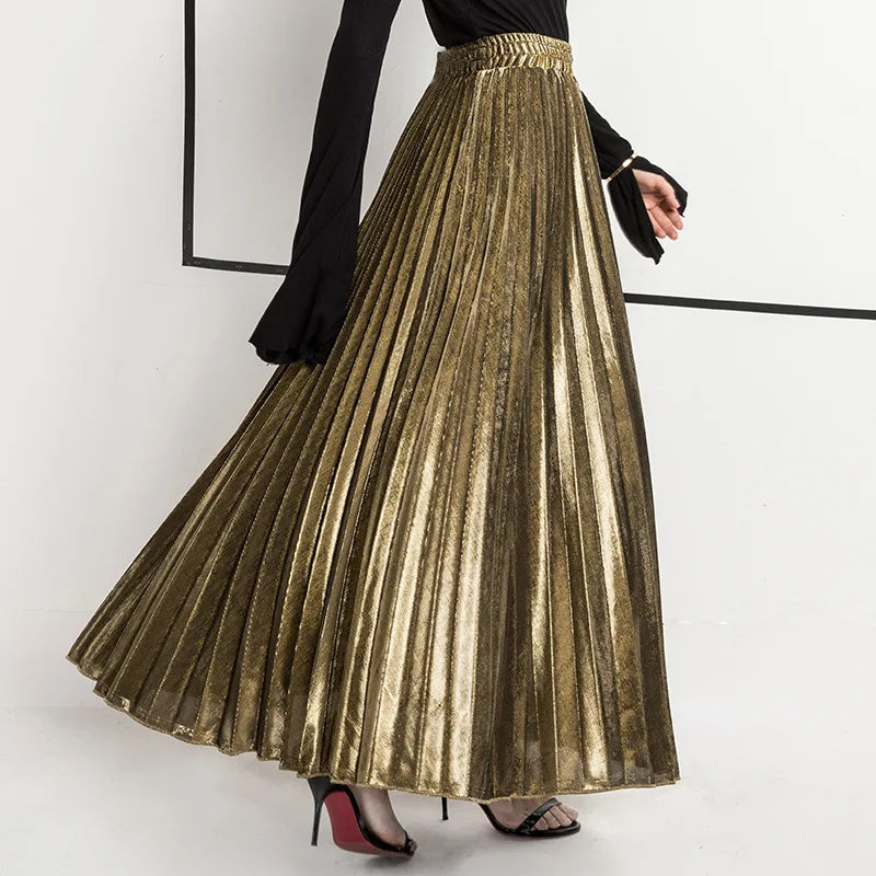 Check Skirt Pleated Maxi Skirt High Waist Harajuku Large Swing Gold Long Skirts