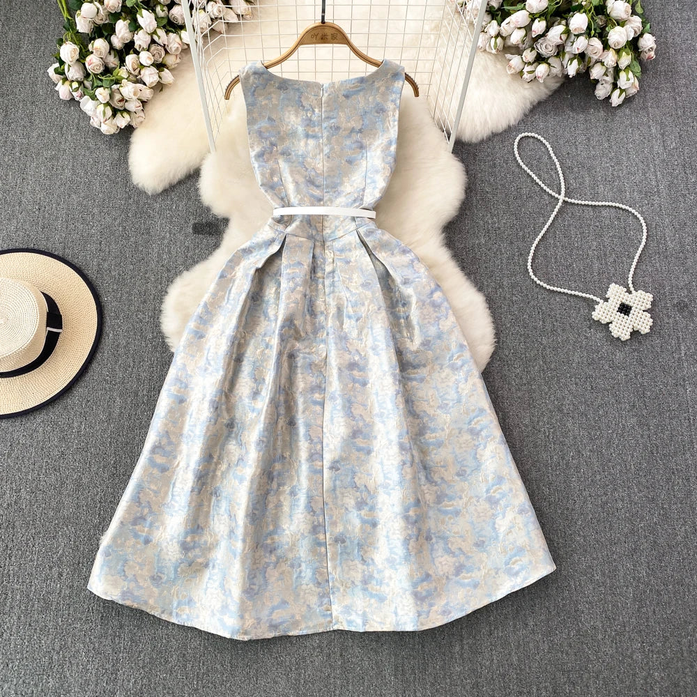 Maxi Dresses Women Floral Printed Square Collar Sleeveless Female Dress A-line High Waist Belted Vestidos