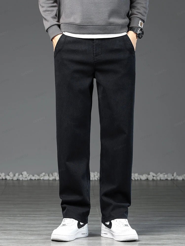 Grey Brown Casual Pants Men Lyocell Fabric Thick Classic Elastic Waist