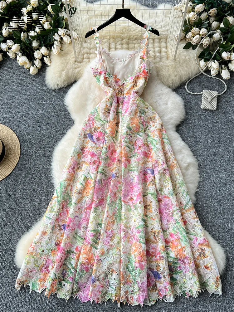 Floral Print Strap Dress Women French Style Hollow Out Zipper Design Ladies Summer Mesh Elegant Vacation Maxi Dress