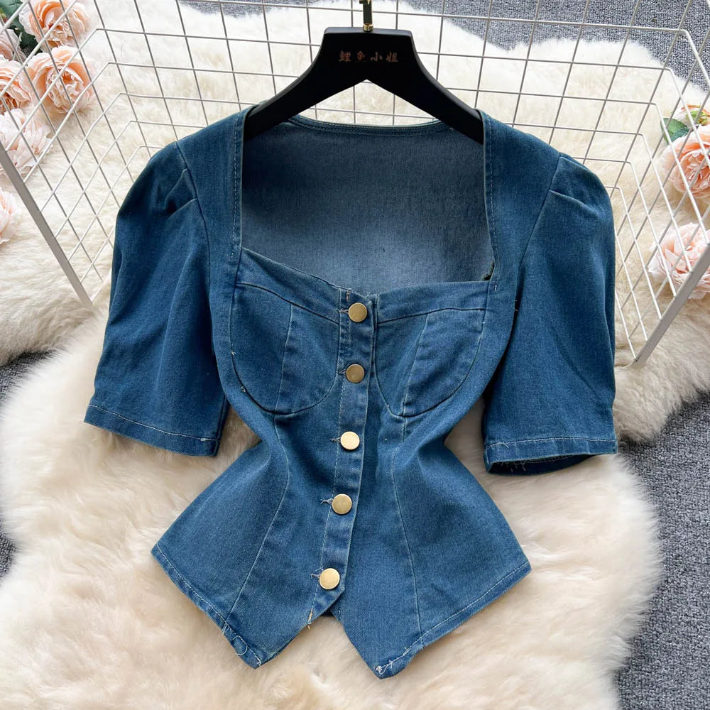 Western Style Denim Dress Set Women Suit New Sexy Retro Square Collar Puff Short Sleeve Shirt Top + High Waist A-line Long Skirt