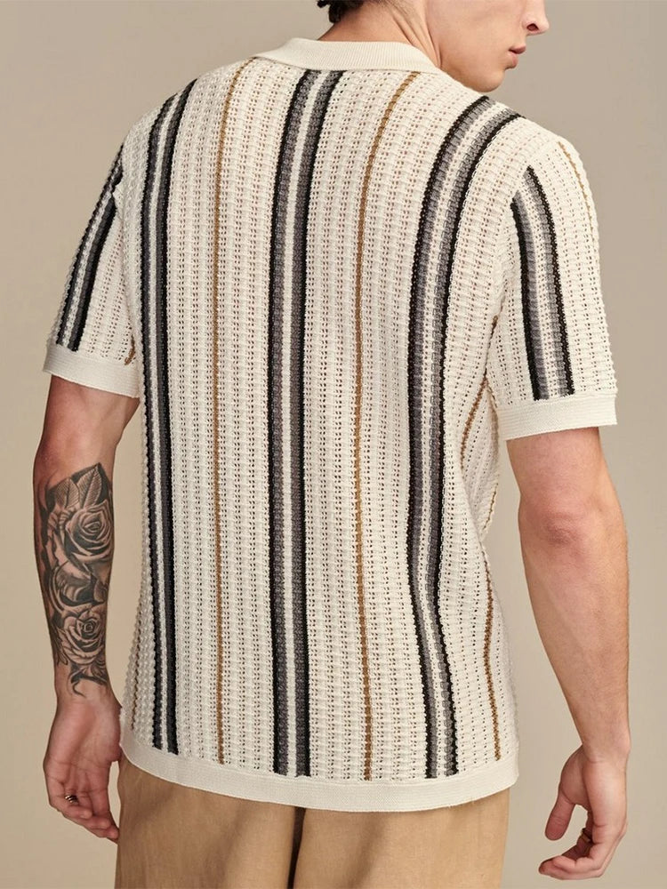 Spring Summer Stylish Striped Shirts Men Knitted Short Sleeve Lapel Buttoned Cardigan Tops Mens Casual Slim Fit Knit Shirt