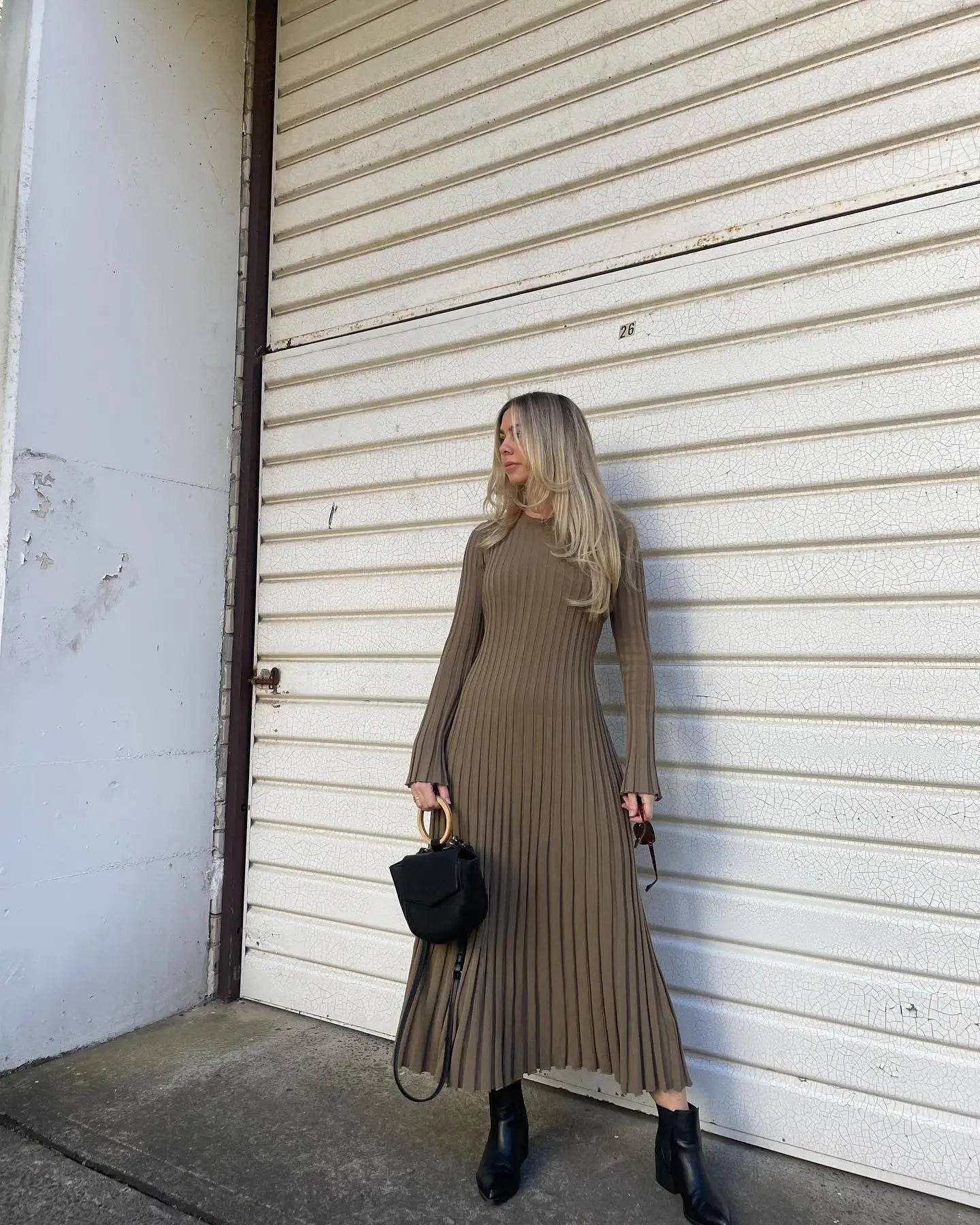 Lace-Up Female Knit Maxi Dress High Waist Fashion Patchwork Long Sleeve Loose Solid Dress Bandage Knitwear Dress