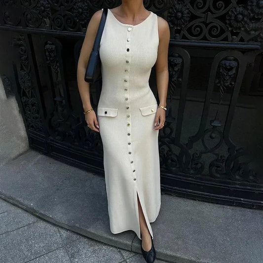 Elegant Knitted Dress For Women Patchwork Pocket Sleeveless High Waist Long Dresses Femme Street Slim Knit Evening Dress