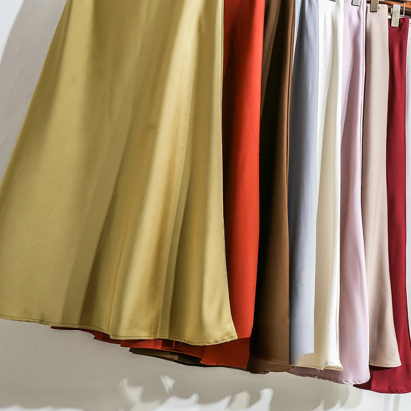 New Fashion Satin Skirt Office Lady Elastic Waist Solid Champagne Purple Red Silk A-LINE Skirt for Women