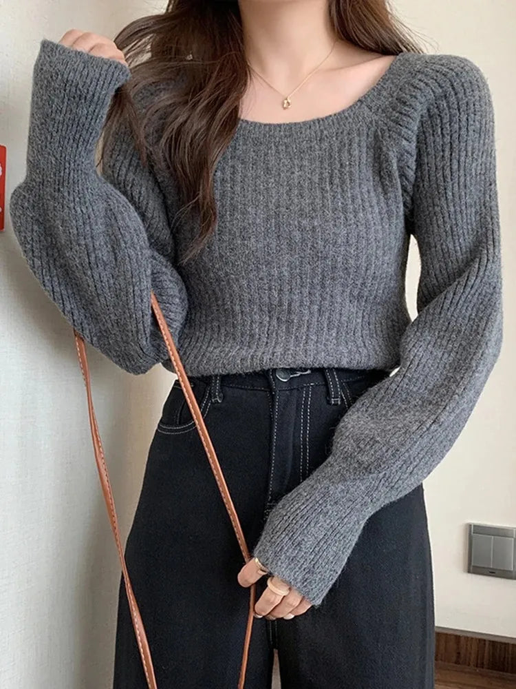 Women Sweaters Casual Soft Long Puff Sleeve Pullovers Jumpers Knitwear Basic Sweater For Women Tops