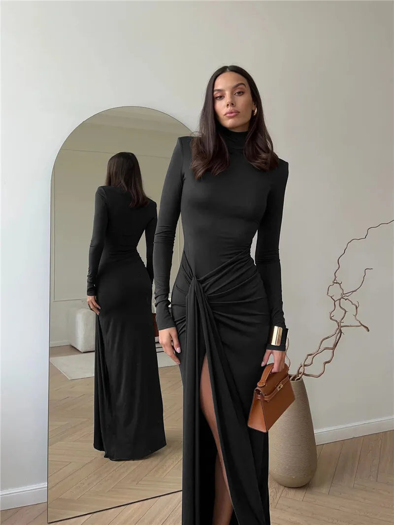 Turtleneck Thigh High Split Maxi Dress For Women Fashion Long Sleeve Draped Bandage