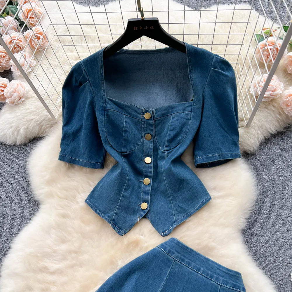 Western Style Denim Dress Set Women Suit New Sexy Retro Square Collar Puff Short Sleeve Shirt Top + High Waist A-line Long Skirt