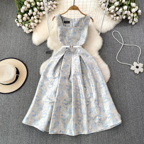 Maxi Dresses Women Floral Printed Square Collar Sleeveless Female Dress A-line High Waist Belted Vestidos