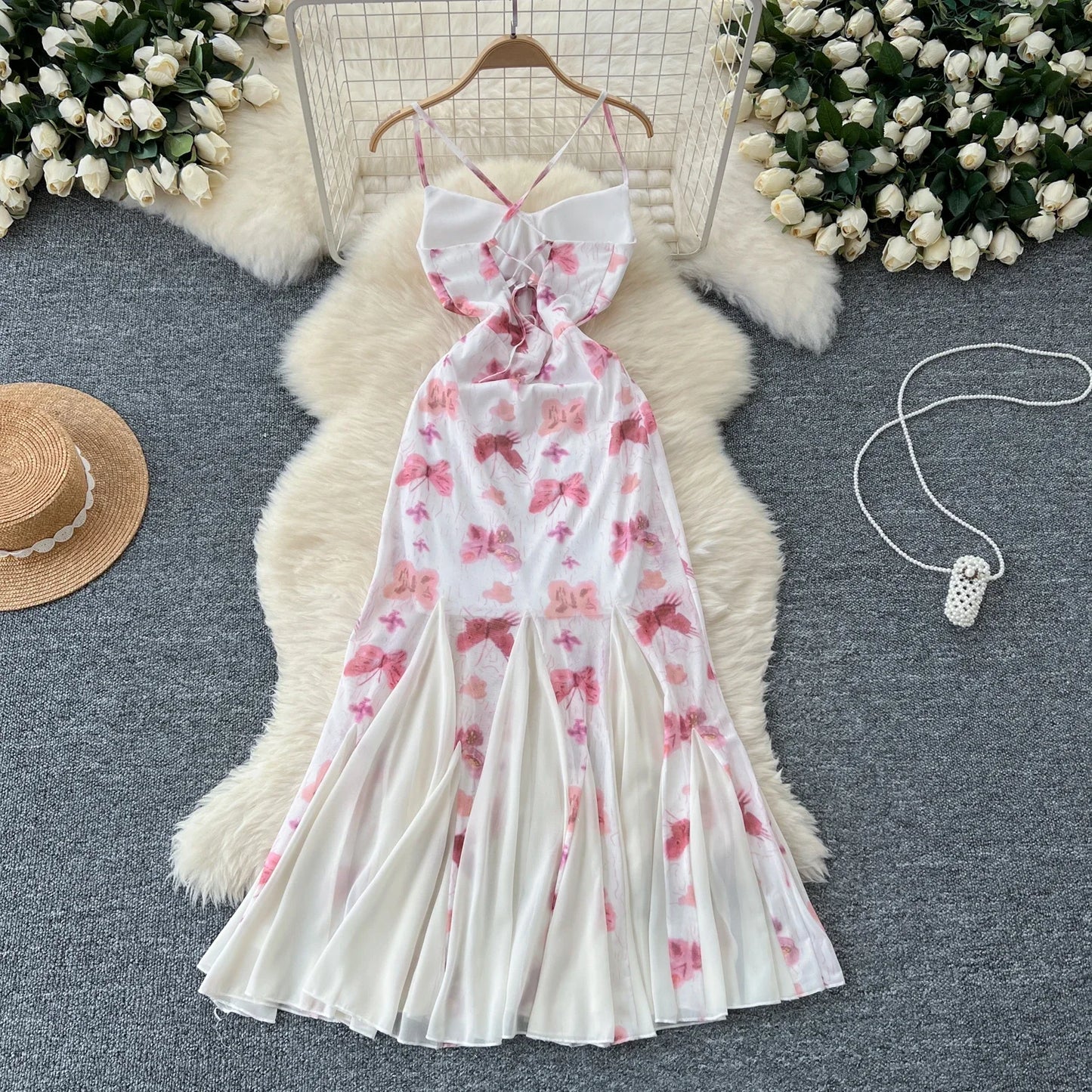 Elegant Butterfly Print Vintage Off Shoulder Sexy Backless Chic Ruffle Straps Dresses Women Beach Vacation High Street Clothing