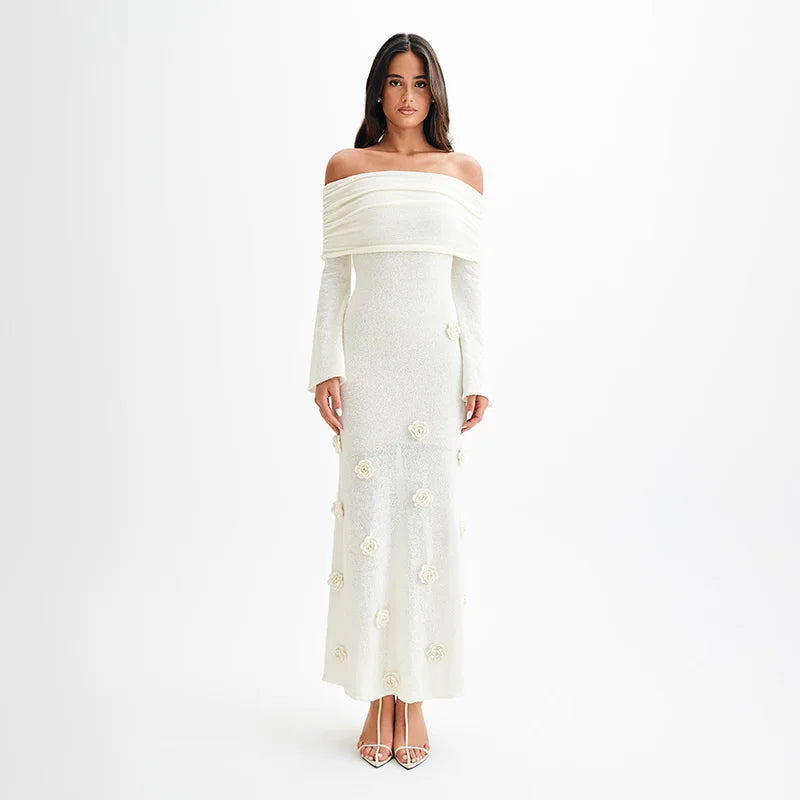 Off Shoulder Knitted Long Dresses Elegant Flowers Beach Maxi Dress