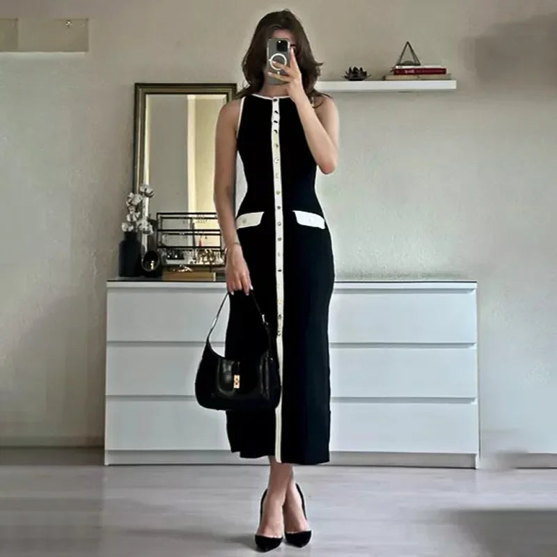 Elegant Knitted Dress For Women Patchwork Pocket Sleeveless High Waist Long Dresses Femme Street Slim Knit Evening Dress