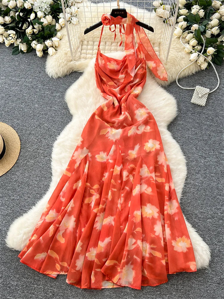 French Ruffles Long Dress Women Halter Sleeveless Print Design Sundress Fashion Summer Holiday Beachwear Chiffon Dress