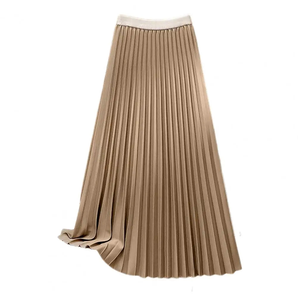 Women Maxi Skirt Casual Elastic High Waist Pleated Skirt Solid Color Smooth Satin A-Line Skirt Women's Clothing For Daily Wear