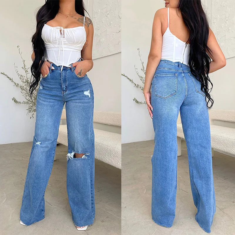 Women Jeans Wide Leg Pants Denim High Waist Zipper Fly Washing Holes Pockets High Street Ankle Length Flash