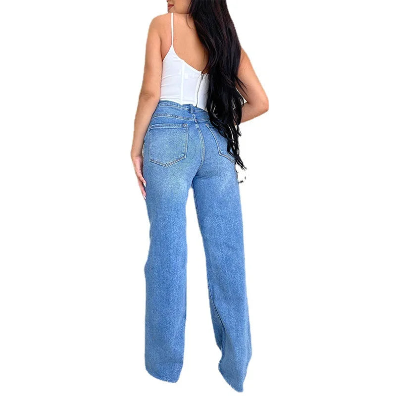 Women Jeans Wide Leg Pants Denim High Waist Zipper Fly Washing Holes Pockets High Street Ankle Length Flash