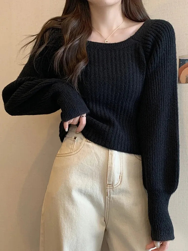 Women Sweaters Casual Soft Long Puff Sleeve Pullovers Jumpers Knitwear Basic Sweater For Women Tops