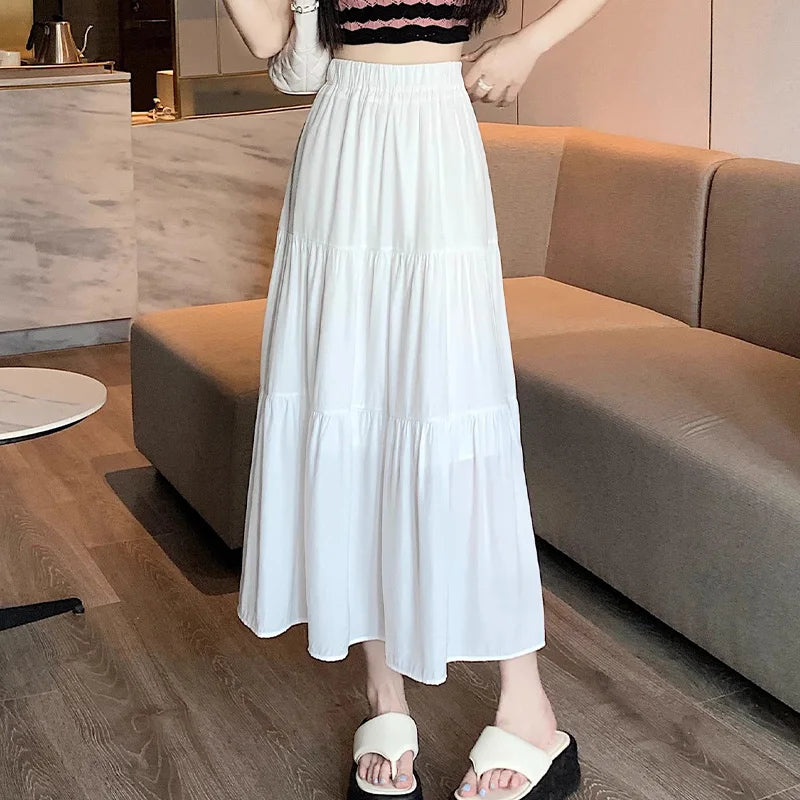 Summer Women High Waist Elastic Patchwork Chic Long Cake A-Line Skirts Casual Elegant All-Match Solid Big Swing Pleated Skirt