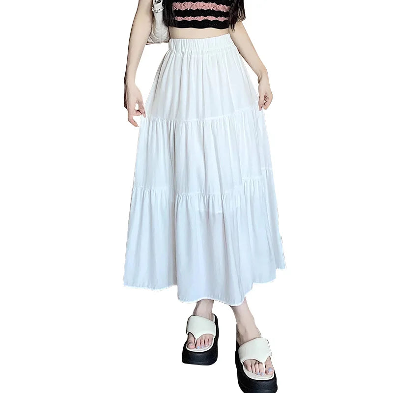 Summer Women High Waist Elastic Patchwork Chic Long Cake A-Line Skirts Casual Elegant All-Match Solid Big Swing Pleated Skirt