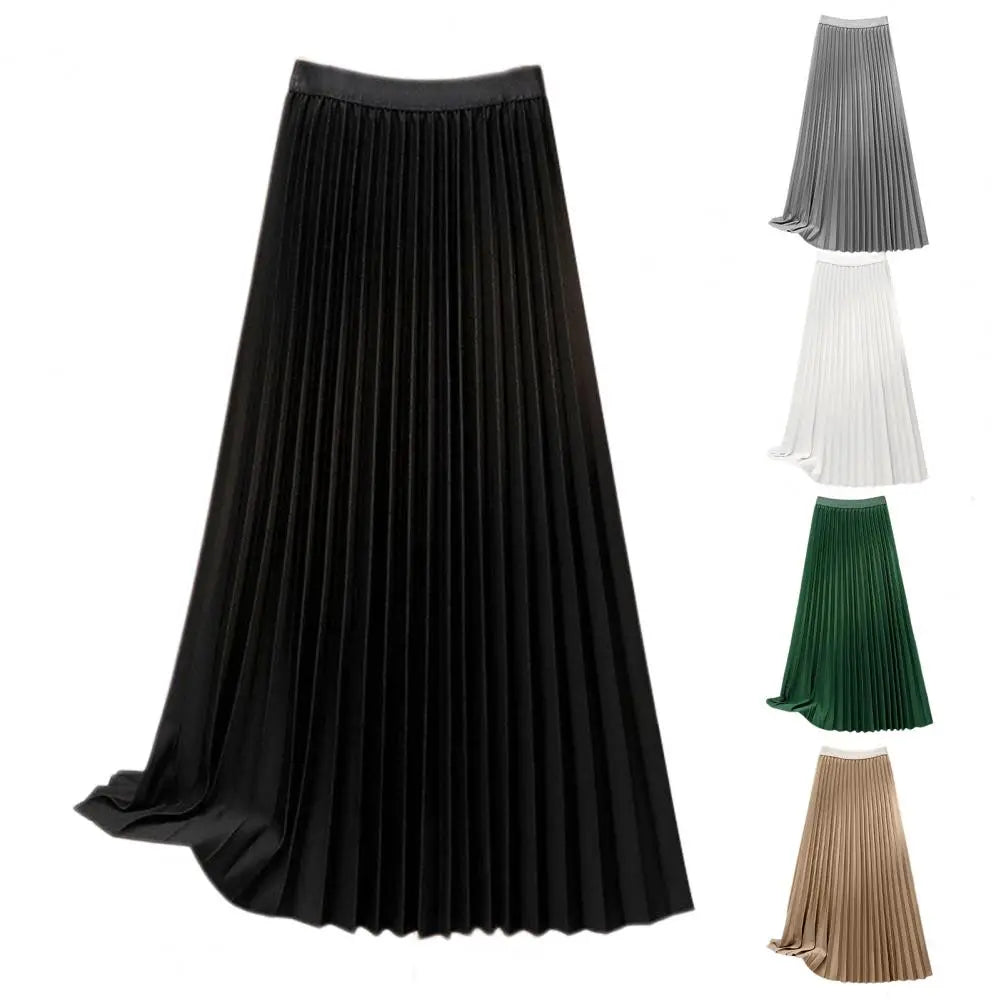 Women Maxi Skirt Casual Elastic High Waist Pleated Skirt Solid Color Smooth Satin A-Line Skirt Women's Clothing For Daily Wear