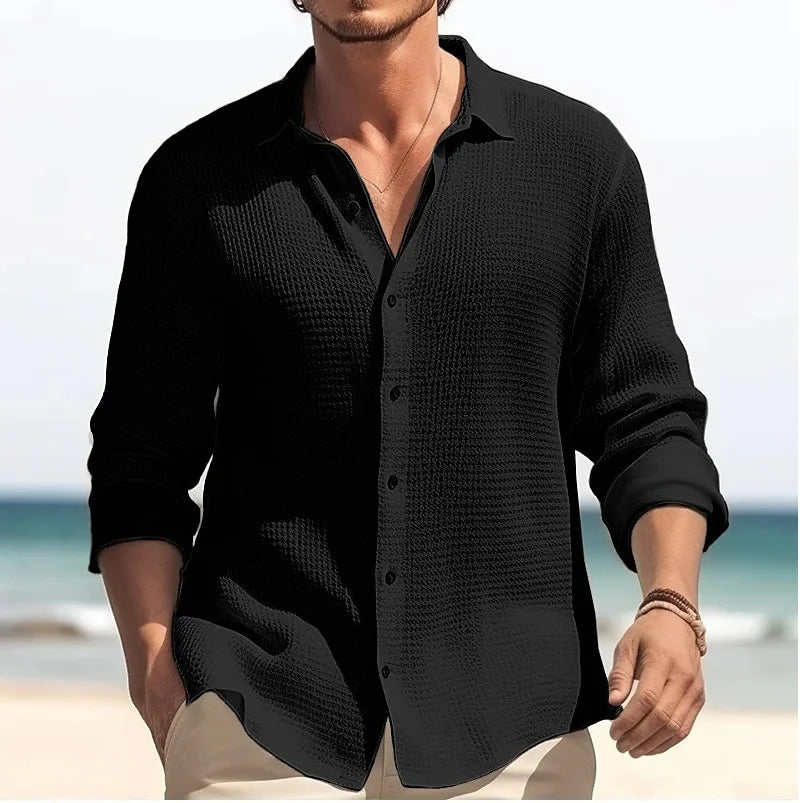 Men's Long-sleeved Shirt Waffle Spring Button Casual Fashion Black Top Street Cardigan