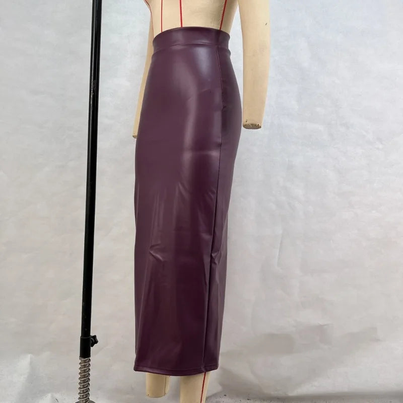 Women Elegant Burgundy Skirt High Waist Slim Fashion Slit Long Skirts