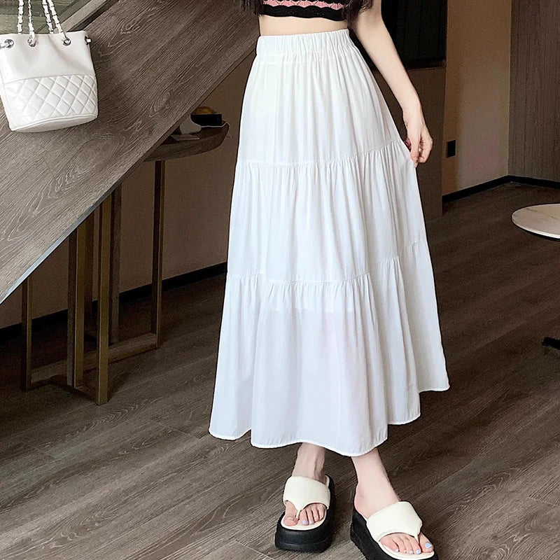 Summer Women High Waist Elastic Patchwork Chic Long Cake A-Line Skirts Casual Elegant All-Match Solid Big Swing Pleated Skirt