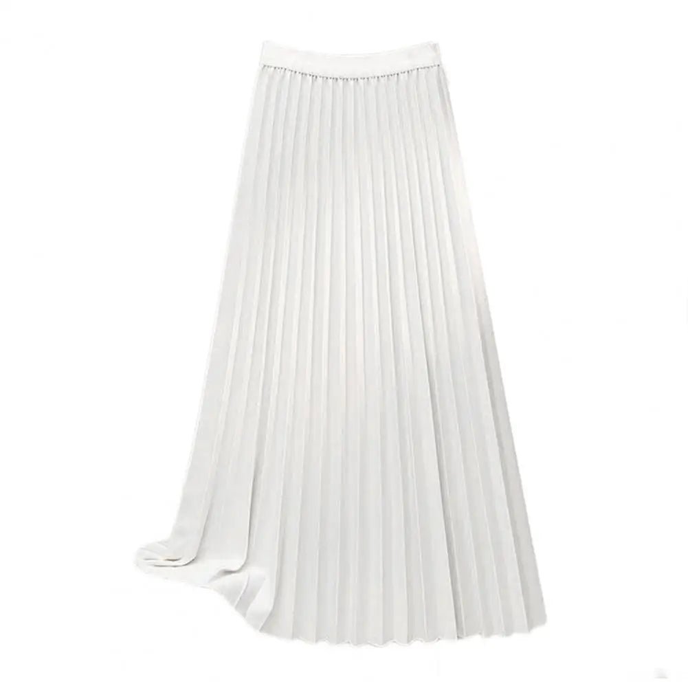 Women Maxi Skirt Casual Elastic High Waist Pleated Skirt Solid Color Smooth Satin A-Line Skirt Women's Clothing For Daily Wear