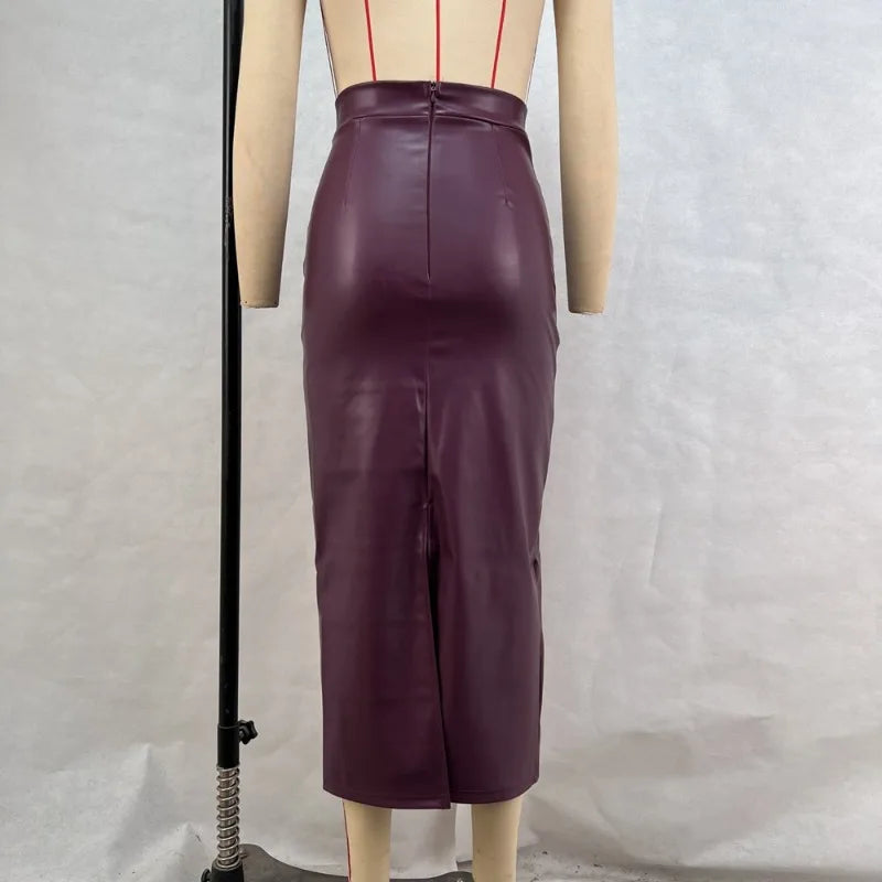 Women Elegant Burgundy Skirt High Waist Slim Fashion Slit Long Skirts