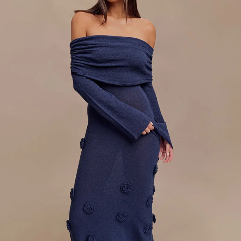 Off Shoulder Knitted Long Dresses Elegant Flowers Beach Maxi Dress