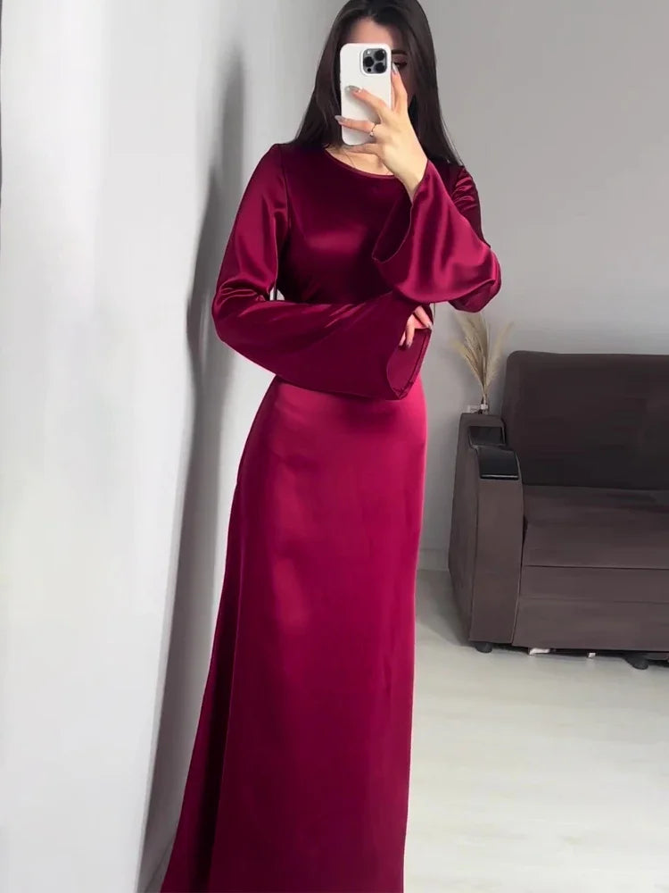 Long Dresses  New Lace Up Waist Slimming Lace Wine Red Color  Sleeved British Style Elegant Dresses for Women