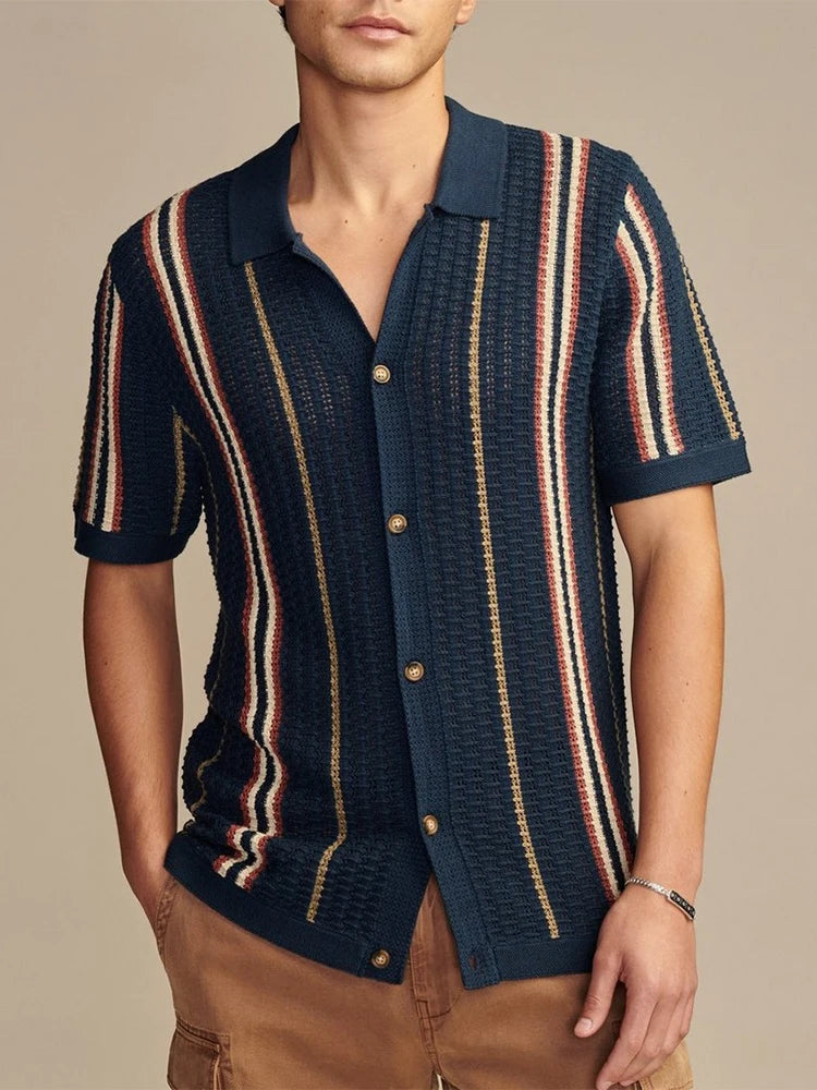 Spring Summer Stylish Striped Shirts Men Knitted Short Sleeve Lapel Buttoned Cardigan Tops Mens Casual Slim Fit Knit Shirt