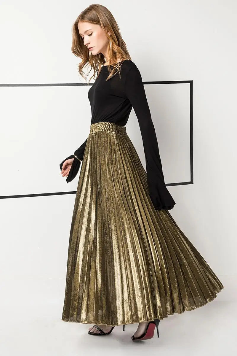 Check Skirt Pleated Maxi Skirt High Waist Harajuku Large Swing Gold Long Skirts