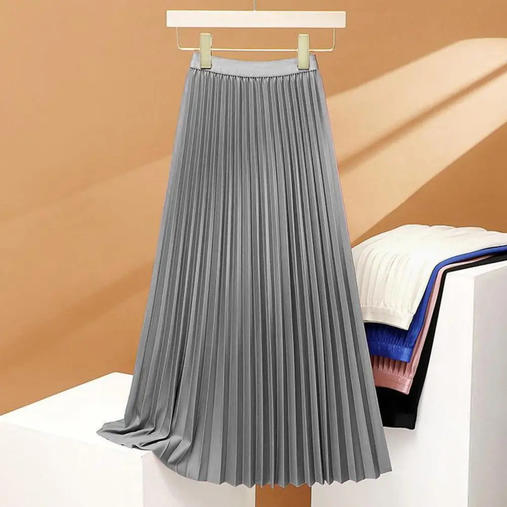 Women Maxi Skirt Casual Elastic High Waist Pleated Skirt Solid Color Smooth Satin A-Line Skirt Women's Clothing For Daily Wear