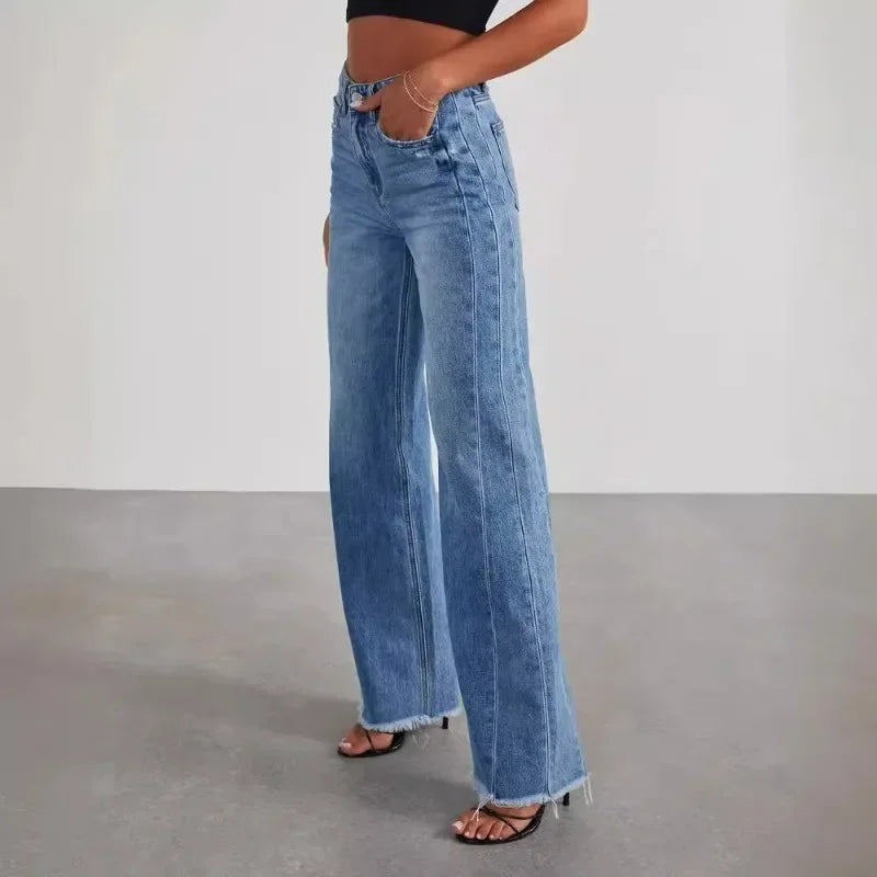 New Women's Clothing Solid Color Loose Wide Leg Side Seam Stitching Frayed Hem Jeans