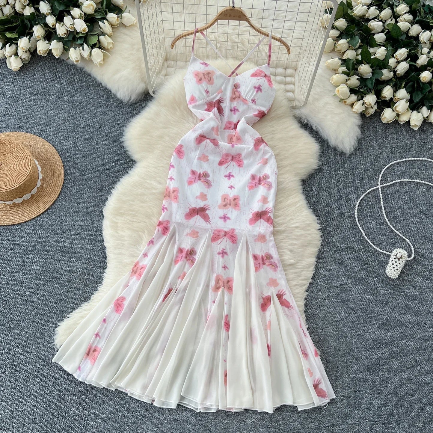 Elegant Butterfly Print Vintage Off Shoulder Sexy Backless Chic Ruffle Straps Dresses Women Beach Vacation High Street Clothing