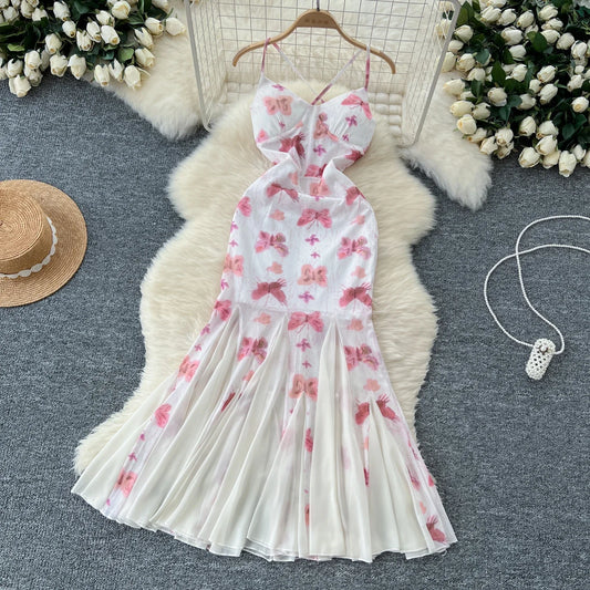 Elegant Butterfly Print Vintage Off Shoulder Sexy Backless Chic Ruffle Straps Dresses Women Beach Vacation High Street Clothing