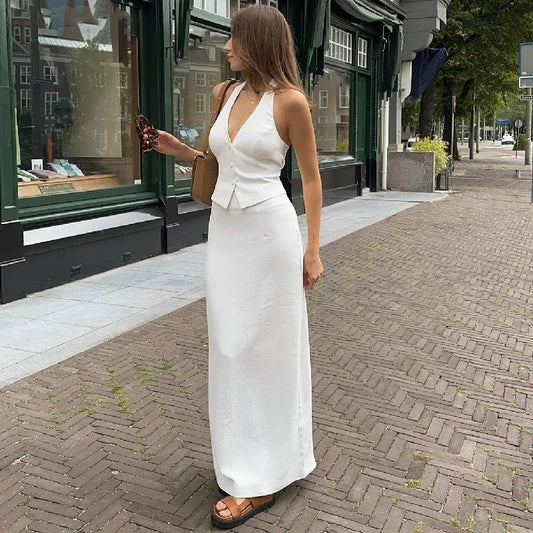 Women 2 Piece Summer Outfits Solid Color Button Halter Tops and Slit Long Skirt Set