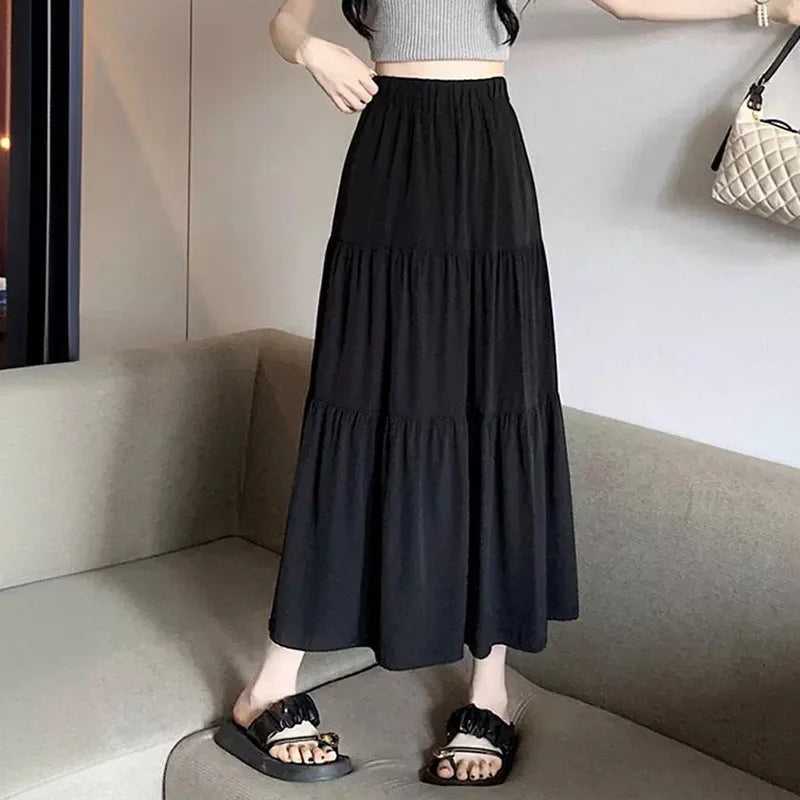 Summer Women High Waist Elastic Patchwork Chic Long Cake A-Line Skirts Casual Elegant All-Match Solid Big Swing Pleated Skirt