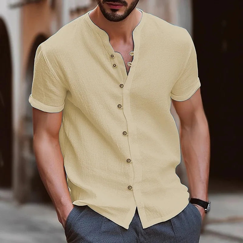 New Style Men's Shirt Summer Fashion Trend Stand-Up Collar Cotton Hemp Button Casual Slim Short Sleeve Top