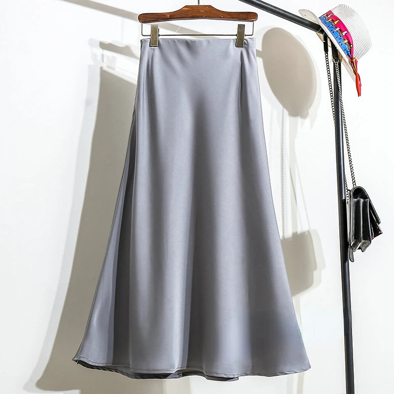 New Fashion Satin Skirt Office Lady Elastic Waist Solid Champagne Purple Red Silk A-LINE Skirt for Women