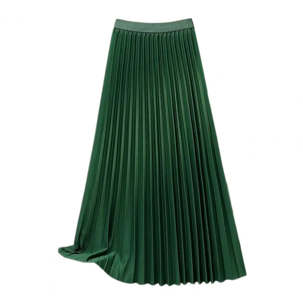 Women Maxi Skirt Casual Elastic High Waist Pleated Skirt Solid Color Smooth Satin A-Line Skirt Women's Clothing For Daily Wear