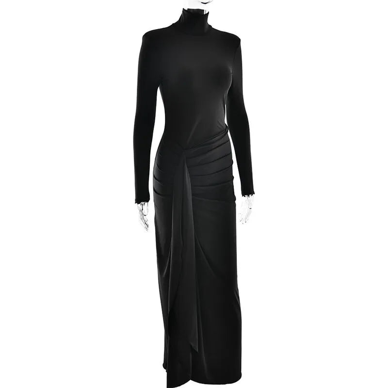 Turtleneck Thigh High Split Maxi Dress For Women Fashion Long Sleeve Draped Bandage