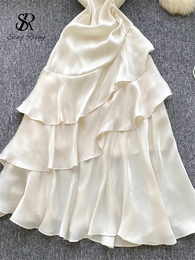 French Satin Long Dress Strap Sleeveless Solid Cake A Line