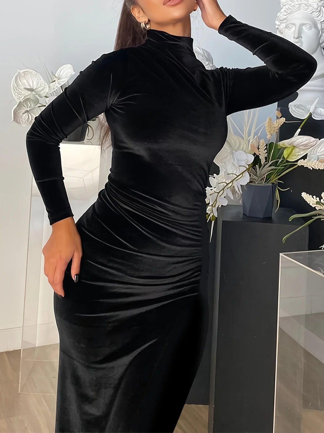 Women's Black Dress Long Sleeve Dress Half High Collar Sexy High Tight Velvet Sheath Dress Evening Party Elegant Vestido Robe