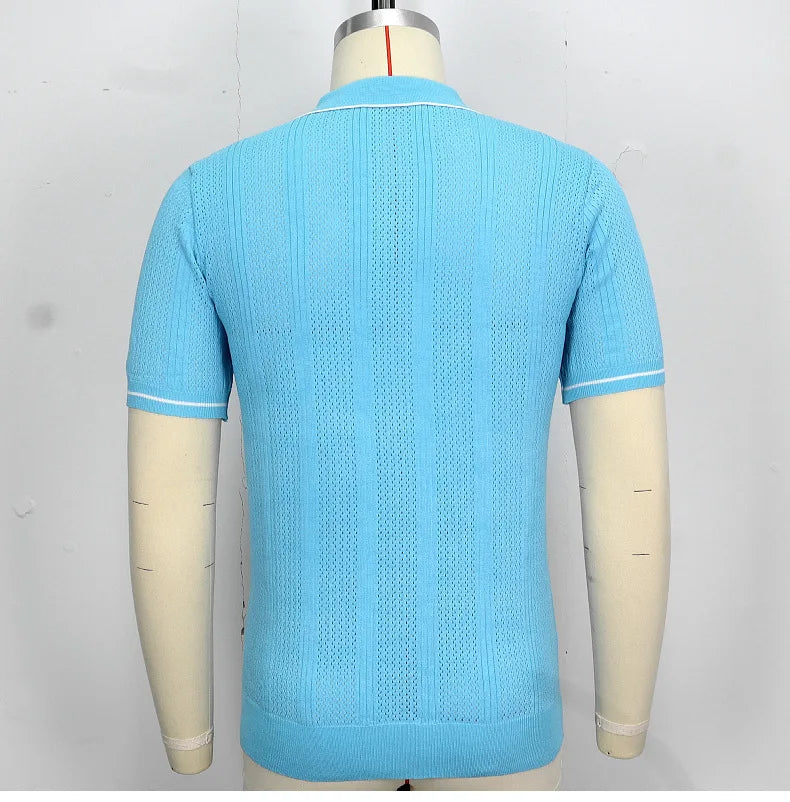 Summer Ice Silk Men Hollow Polo Shirt Breathable Soft Knit Shirt Top Men's Short-sleeved Tee